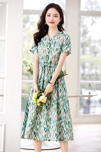 印花亚麻连衣裙女中长款2023夏季新款小个子V领收腰显瘦棉麻裙子图片