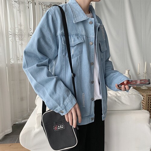 港风bf春秋季个性破洞宽松牛仔夹克男纯色百搭外套衣服jk06-p45图片