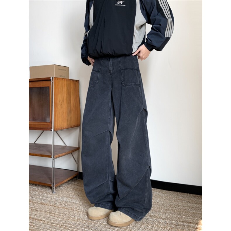 美式复古大口袋弯刀牛仔裤解构拼接baggy长裤子N08121-P52，男装牛仔裤，星座308B-2