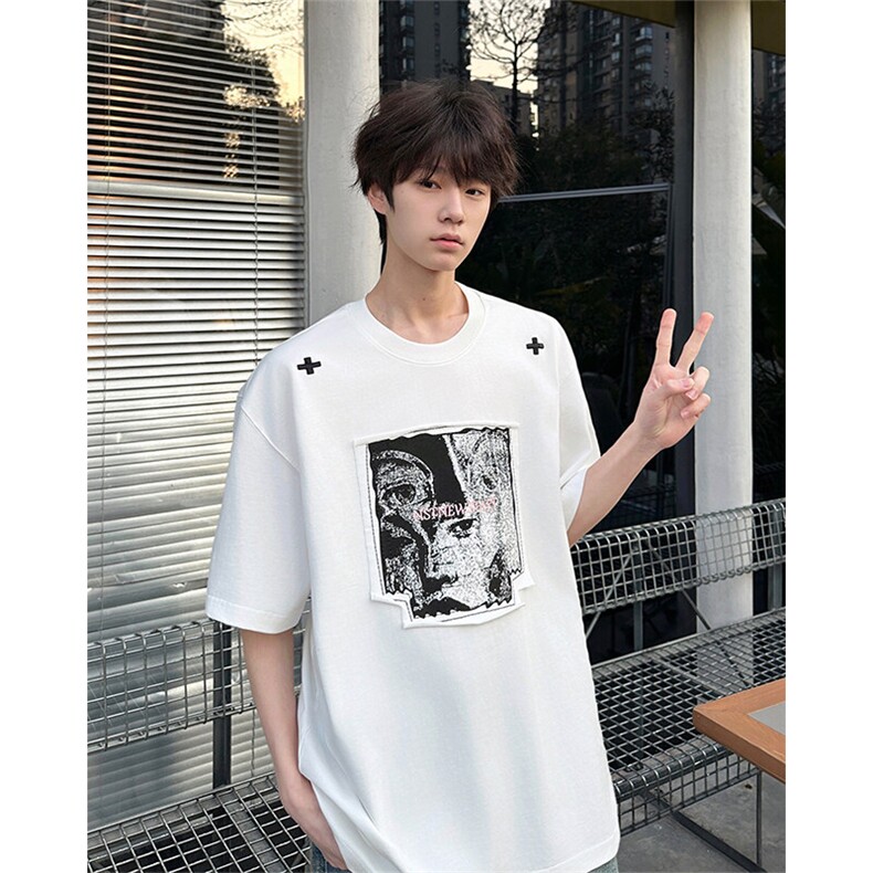 8XL-M美式街头风白色贴布男女情侣上衣短袖T恤半截袖DX330P48,男装T恤,电商D206-1