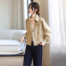 爆【现货】卡其色小个子短款风衣外套女宽松休闲上衣双排扣外套女，女装风衣，鑫源服饰
