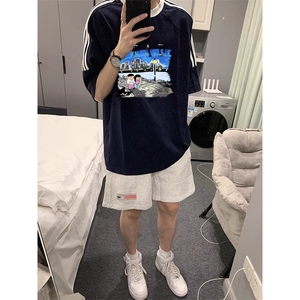 夏季美式高街重磅纯棉三条杠织带撞色男女短袖T恤ZD526-特P30图片