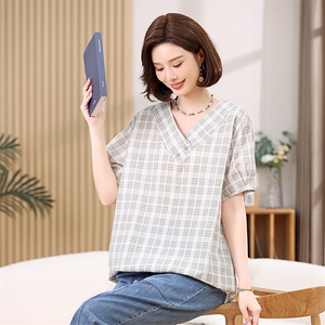 V领垂感天丝衬衫2025新款女士冰丝短袖复古格子衬衣中年妈妈上衣图片