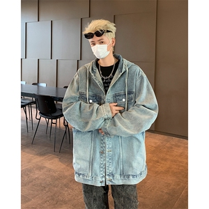 复古做旧水洗连帽牛仔外套男春秋季新款美式潮牌痞帅工装夹克上衣图片