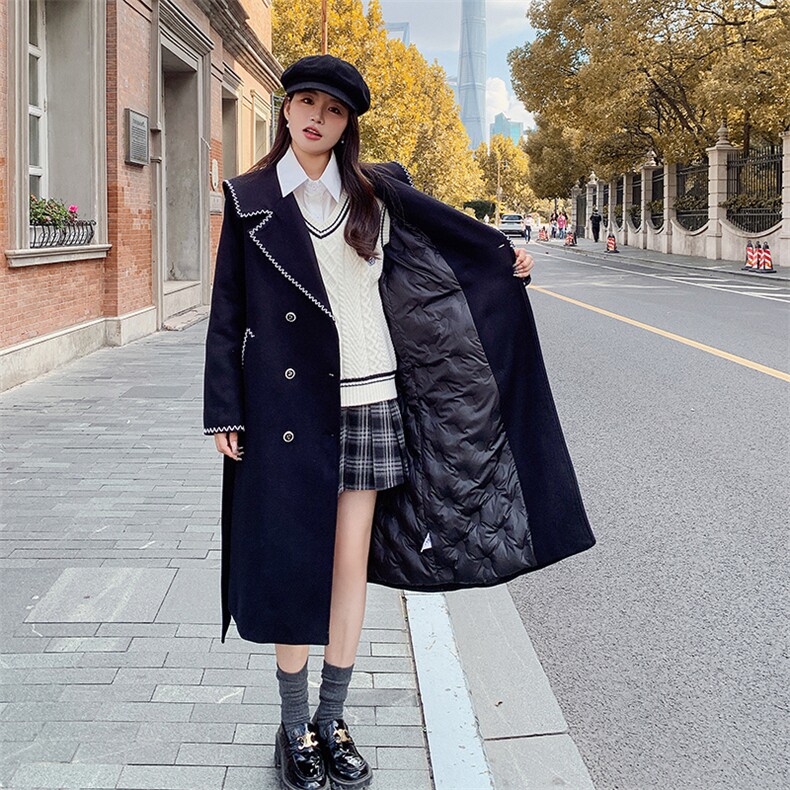 水衣源2533款纯色镶条海军领毛呢羽绒服中长款女,女装羽绒服,水衣源