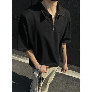 半拉链翻领短袖T恤男夏季潮牌美式复古重磅纯棉宽松情侣半袖体恤图片