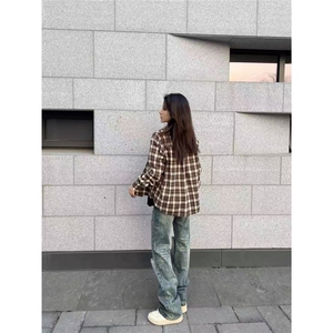 春秋新款下摆流苏破坏衬衣男女经典基础翻领复古格子衬衫外套上衣图片