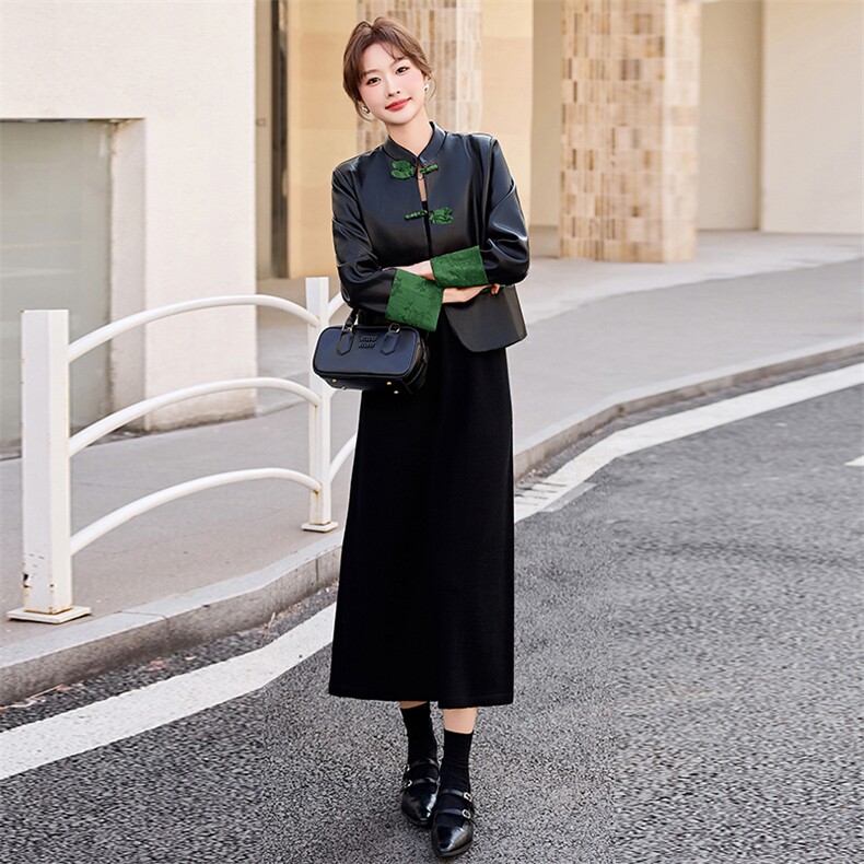 黑色新中式国风盘扣皮衣外套女短款2025春秋新款小个子复古皮夹克,女装连衣裙,依万里