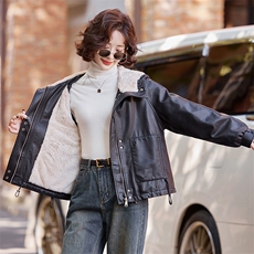 皮衣外套女冬季加绒加厚2025新款小个子高级感女士pu皮棉服夹克，女装皮衣，简古