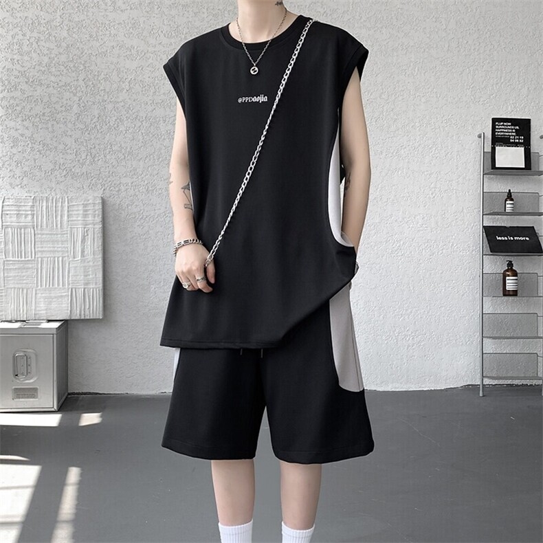 特批P48无差价2025夏季高街痞帅拼接撞色大码背心短裤男TZ5574，男装休闲套装，电商A001-1