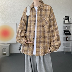 衬衫男秋季新款港风宽松大码磨毛格子扎染长袖衬衣CS506-P35，男装衬衫，星座214-3