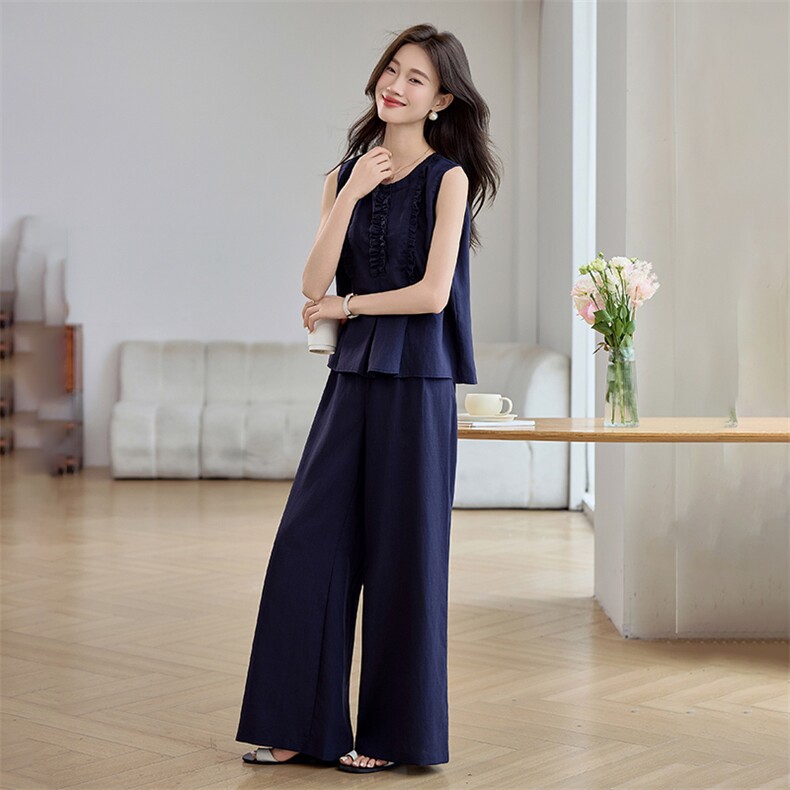 松弛感休闲时尚套装女2025夏季新款气质无袖背心衬衫阔腿裤两件套,女装套装/套裙,韩蜜菓