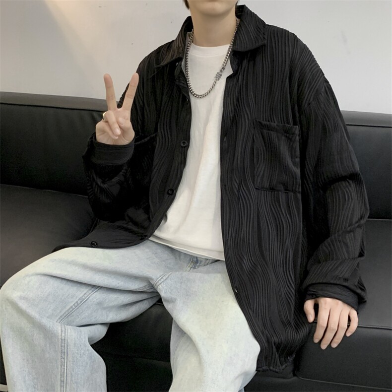 褶皱长袖衬衫男夏季设计感小众港风冰丝外套潮宽松衬衣W3791-P40,男装衬衫,星座512-2