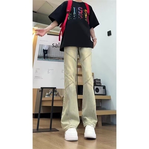 弯刀微喇裤牛仔裤男款夏季美式高街小众拼接直筒显瘦提档裤子图片