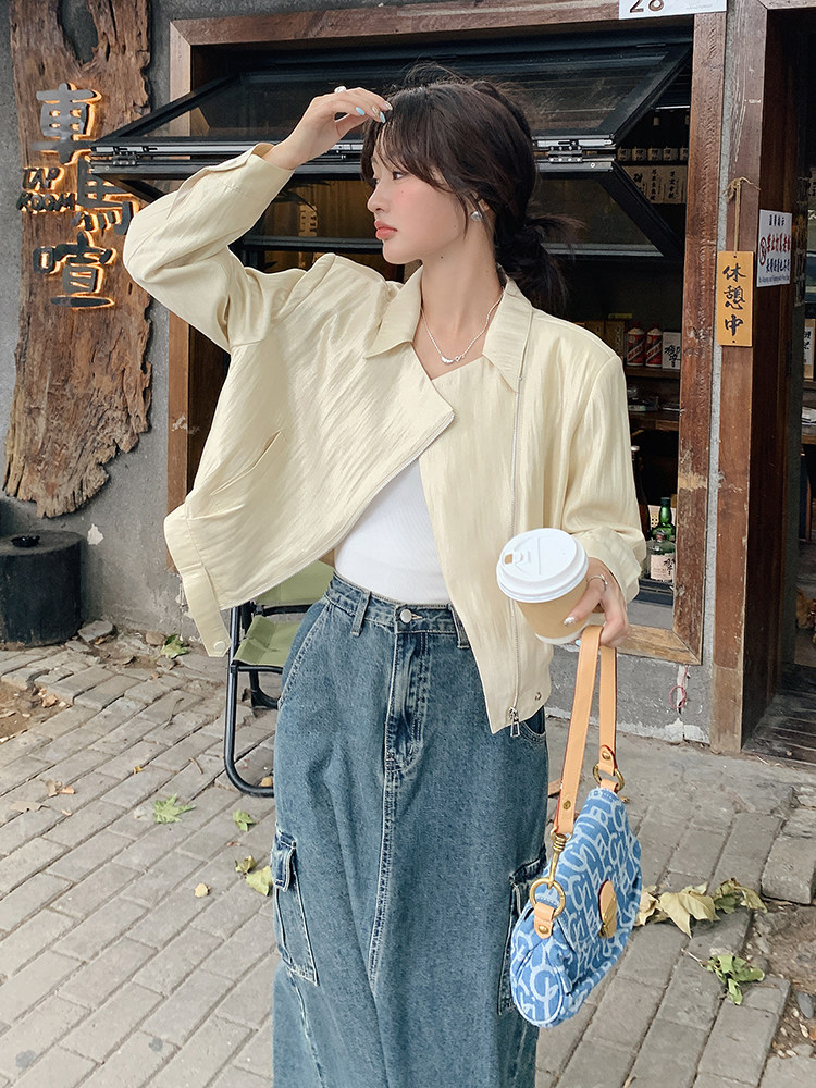 休闲短外套女2025春秋新款百搭气质显瘦韩版斜拉链夹克上衣米白色,女装短外套,鑫慧