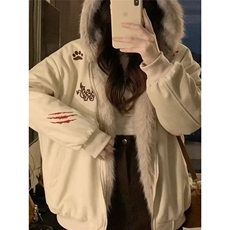 2025冬季美式飞行夹克牛角扣毛领连帽棉服男女宽松派克服外套，男装夹克，星座506A