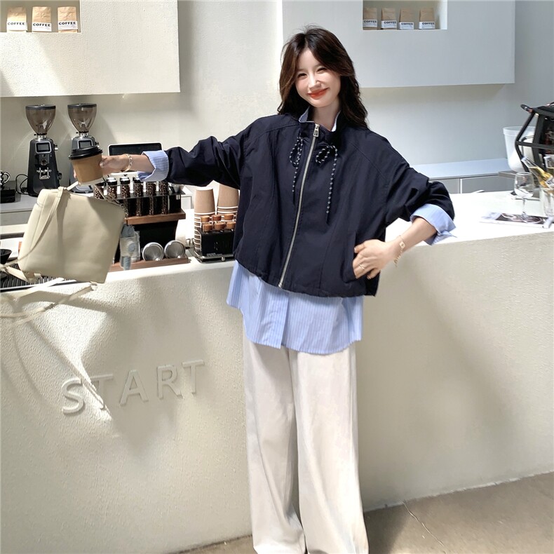 假两件条纹拼接藏青色外套女春秋2025新款小个子上衣流行爆款超火,女装短外套,2C239