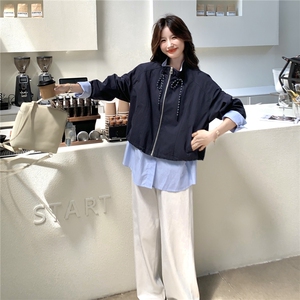 假两件条纹拼接藏青色外套女春秋2025新款小个子上衣流行爆款超火图片