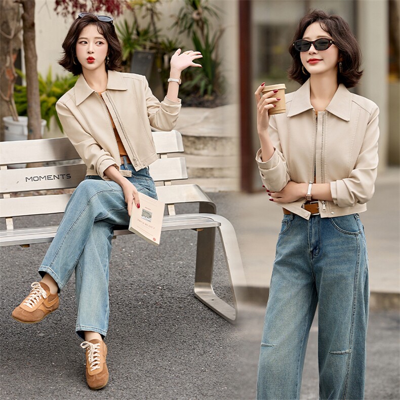 主推引流外套女2025春秋设计感休闲小个子显瘦显高夹克机车服上衣，女装皮衣，江南女神