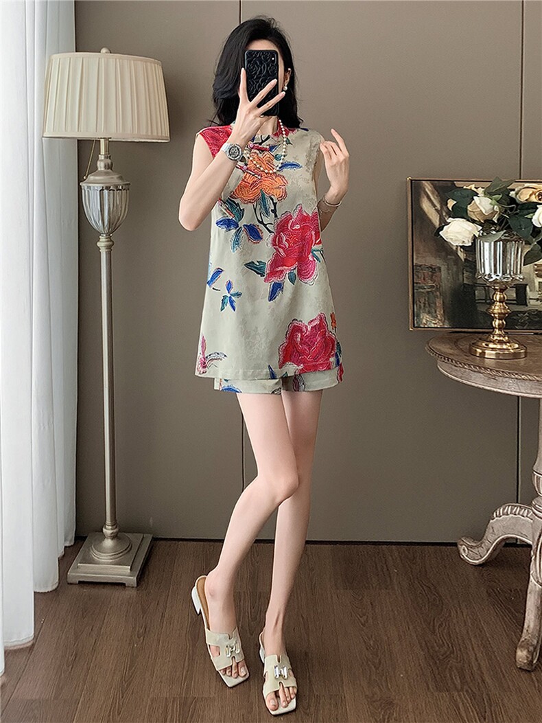 巨好看气质减龄新中式套装女夏款立领盘扣印花上衣短裤两件套,女装套装/套裙,江南