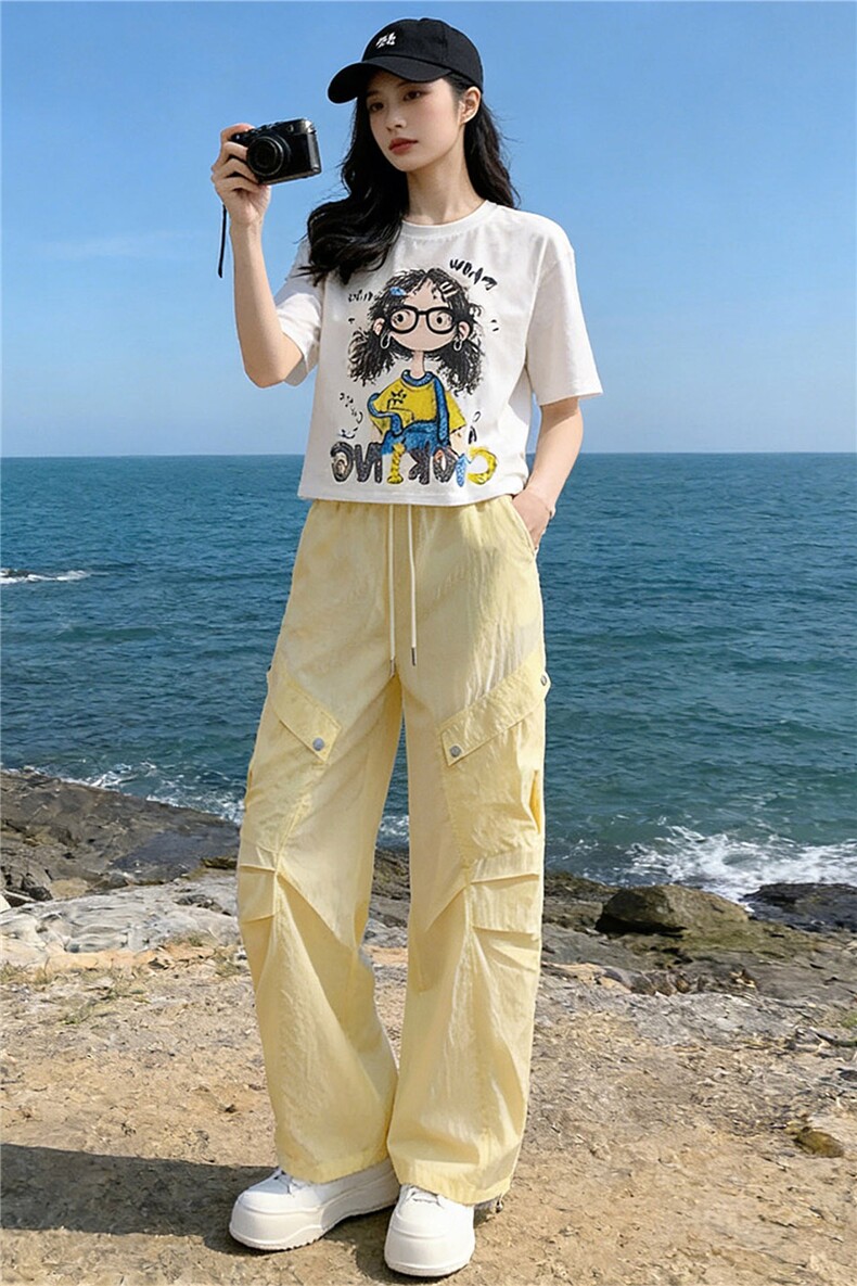 甜美时尚休闲套装女夏季新款圆领卡通印花T恤宽松工装长裤两件套,女装套装/套裙,江南
