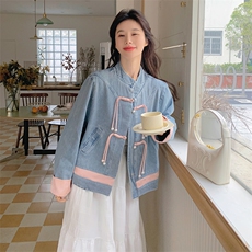 新中式复古风牛仔外套女春秋2025新款独特漂亮盘扣小个子短上衣，女装短外套，2C177