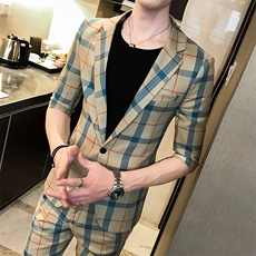 夏季新款社会小伙大格子中袖小西服西裤西装套装A328-1922-P135，男装西服套装，星座406