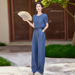 复古天丝薄牛仔套装女2024夏季国风气质时尚洋气减龄阔腿裤两件套图片