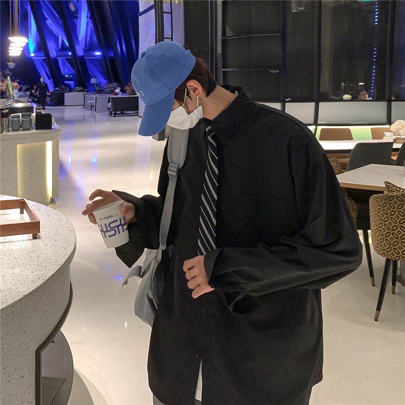 送领带衬衫男长袖ins港风大码宽松休闲痞帅衬衣CS712P35控58，男装衬衫，电商B413-1