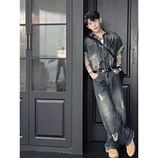 水洗复古蓝牛仔外套男款短袖衬衫套装夏季美式高街痞帅穿搭一整套，男装衬衫，星座506A