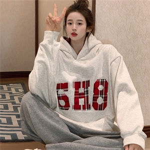 EE166-P75华棉加绒加厚卫衣女秋冬宽松设计感刺绣连帽保暖上衣图片