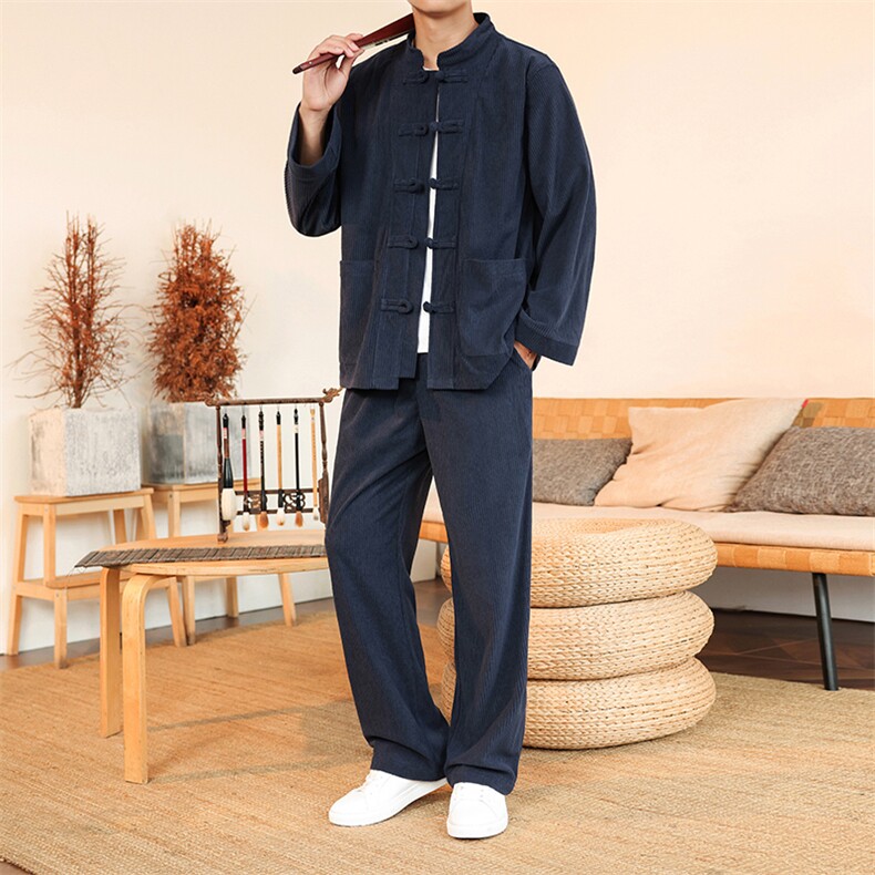 风长袖灯芯绒套装立领盘扣男士纯色套装两件套DSA008-TZ2524,男装休闲套装,电商A008