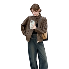 美拉德咖色复古皮衣外套女2025秋季美式设计感宽松机车服淡人夹克，女装皮衣，2C325