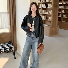 设计感黑色显瘦pu皮衣外套女2025春秋季新款港风复古酷飒夹克上衣，女装皮衣，2C198