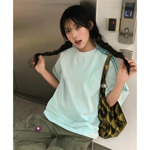 抖音得物品质二开240克宽松纯棉美式潮牌印花三条杠中性风短袖T恤图片