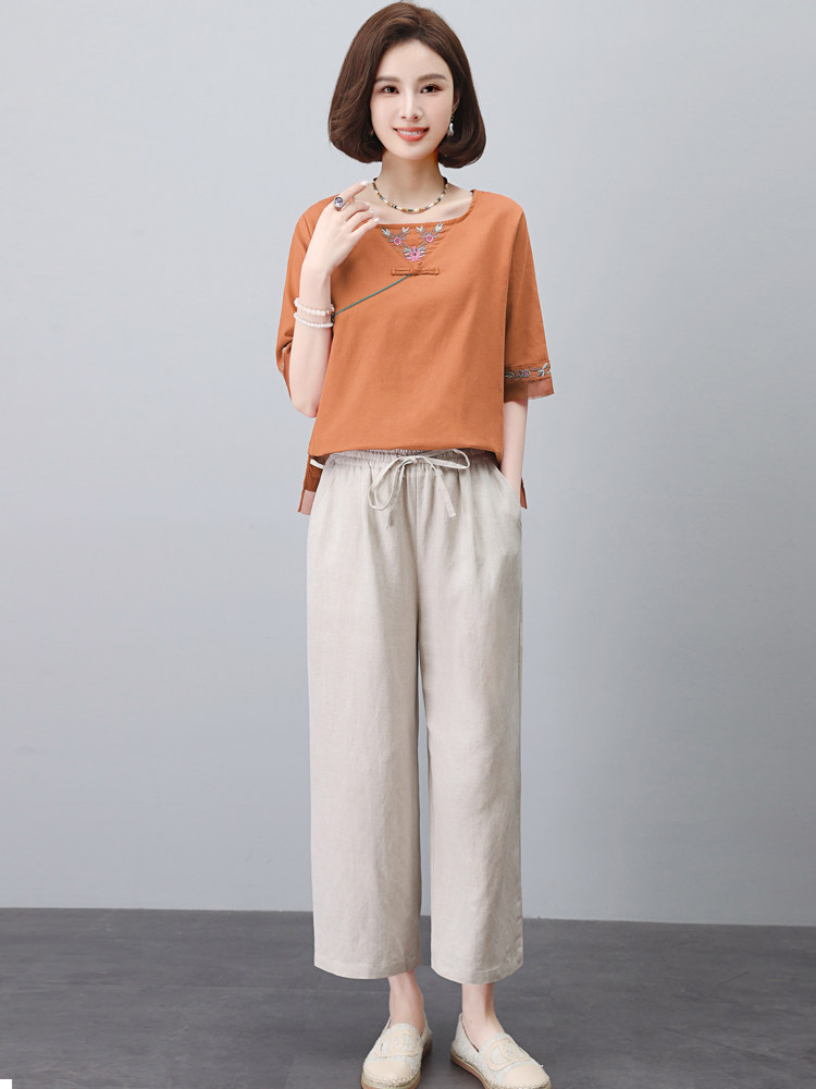 长期有货时尚苎麻套装女夏装新款宽松显瘦中年妈妈洋气棉麻两件套,女装套装/套裙,璐依舞