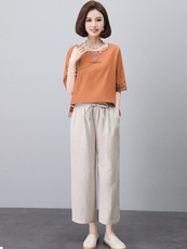 长期有货时尚苎麻套装女夏装新款宽松显瘦中年妈妈洋气棉麻两件套，女装套装/套裙，璐依舞