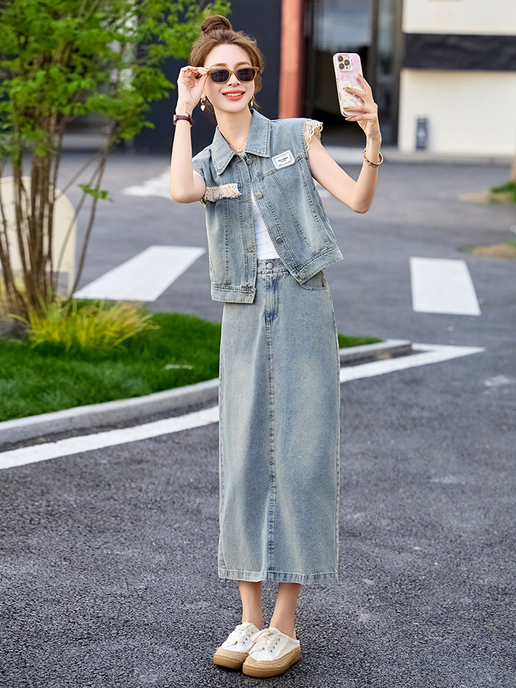 港风炸街牛仔套装裙女夏2025新款牛仔马甲半身裙超好看欧货两件套,女装套装/套裙,艾仟回(原伊仟回)
