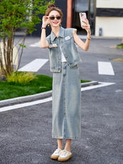 港风炸街牛仔套装裙女夏2025新款牛仔马甲半身裙超好看欧货两件套，女装套装/套裙，艾仟回(原伊仟回)