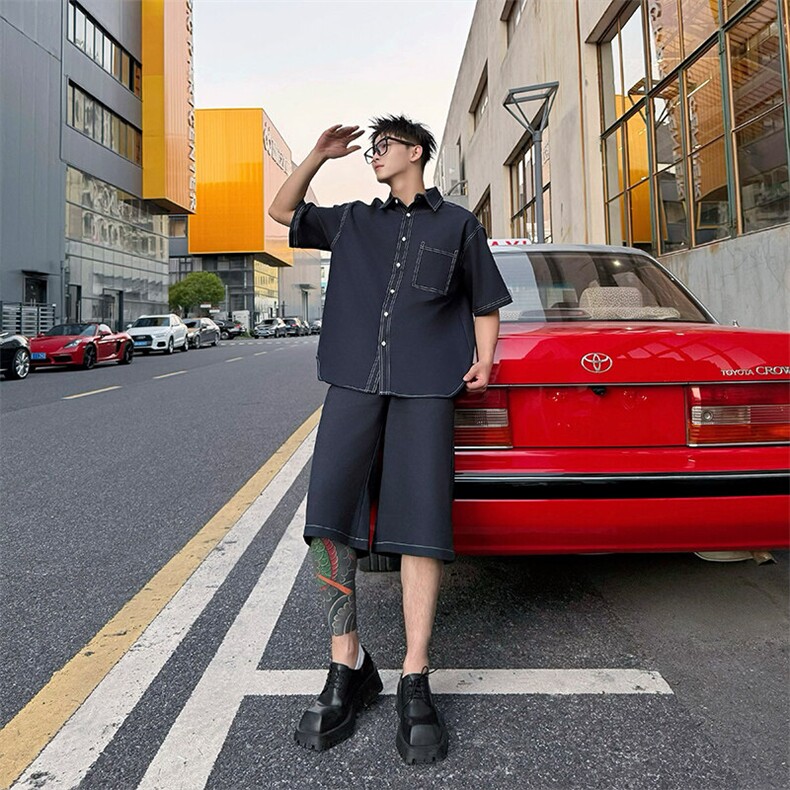 2025夏季韩系高档轻奢做旧Polo领牛仔短袖男士时尚套装TZ03/P178,男装休闲套装,星座305B