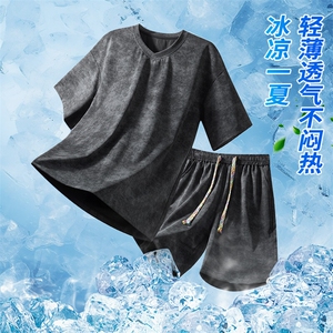 特批P48无差价夏季凉感冰丝扎染男宽松V领T恤短裤两件套TZ5144