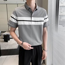 轻熟风青年条纹撞色拼接翻领Polo衫短袖体恤PL15/P50特控68，男装T恤，电商A243