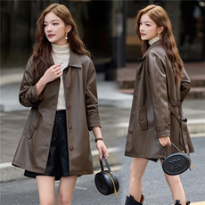 2025秋季女装新款大量现货时尚中长款腰带风衣皮衣外套，女装皮衣，缘衣格