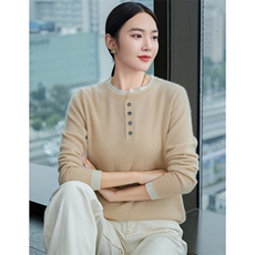 时尚百搭羊毛拼色圆领毛衣显瘦修身设计感上衣，女装羊毛衫，百越羊绒