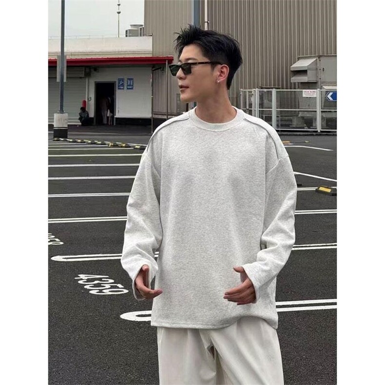 抖音得物高品质26春装设计感长袖打底衫纯色拉链肩圆领卫衣W123，男装T恤，电商A486-1