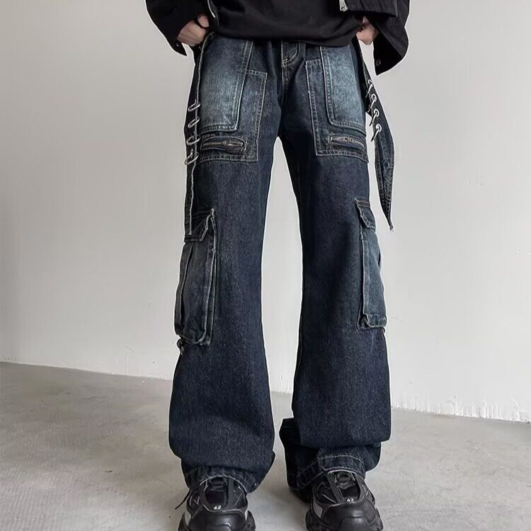 美式街头工装牛仔裤男女款春秋潮牌做旧设计感宽松百搭直筒裤图片
