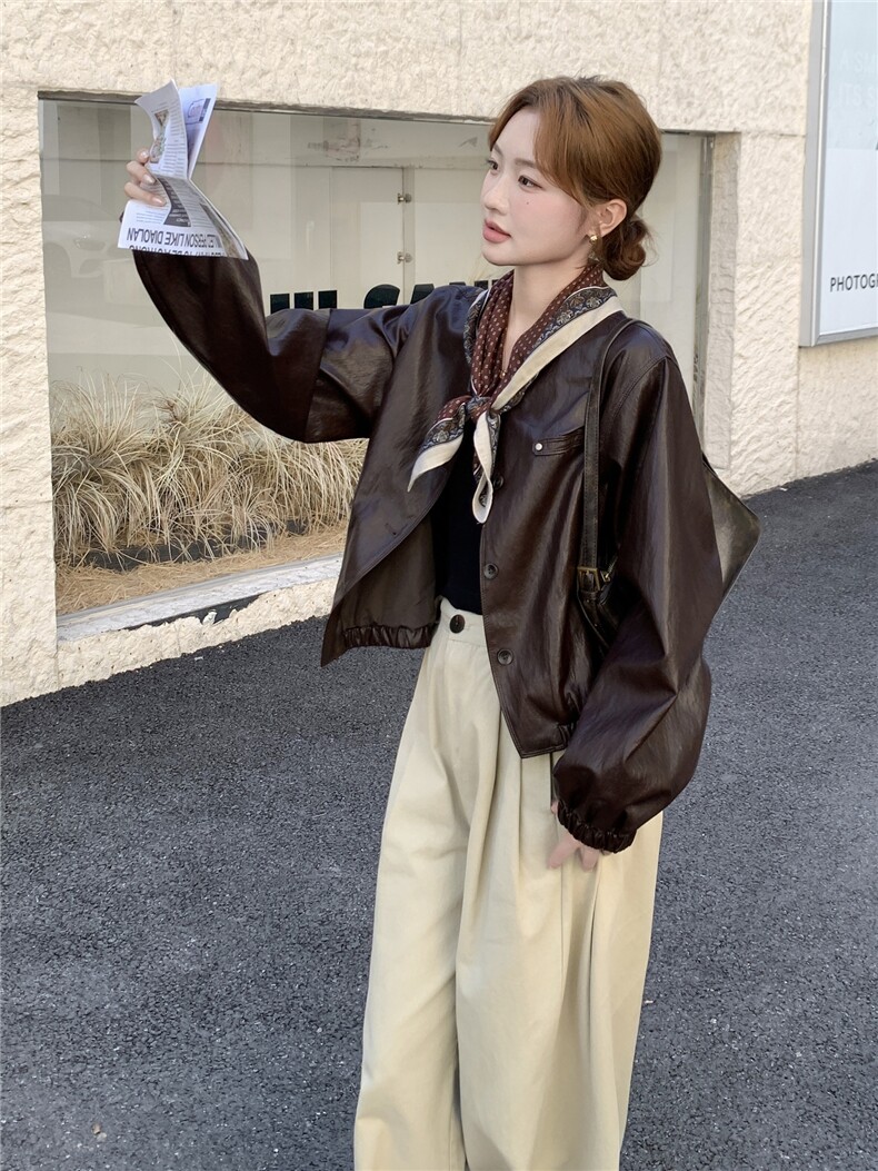棕色复古美拉德短款皮衣外套女2025秋小个子又酷又飒圆领PU皮夹克,女装皮衣,慧尚2-185