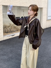 棕色复古美拉德短款皮衣外套女2025秋小个子又酷又飒圆领PU皮夹克，女装皮衣，慧尚2-185