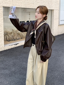 棕色复古美拉德短款皮衣外套女2025秋小个子又酷又飒圆领PU皮夹克图片