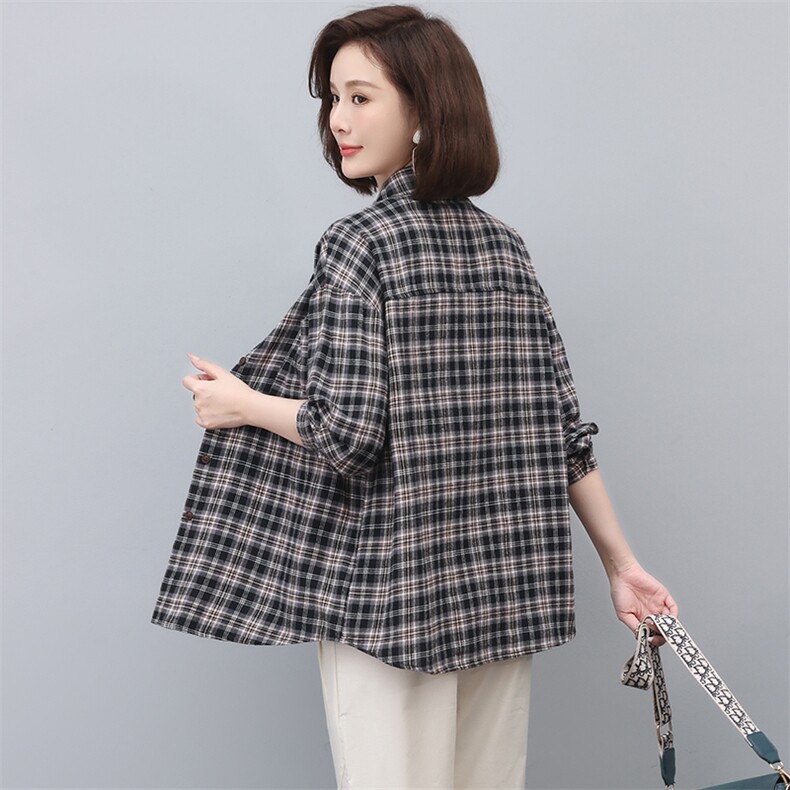 格子衬衫女长袖2025新款春秋衬衣春款漂亮小衫妈妈上衣,女装衬衫,忆绮罗